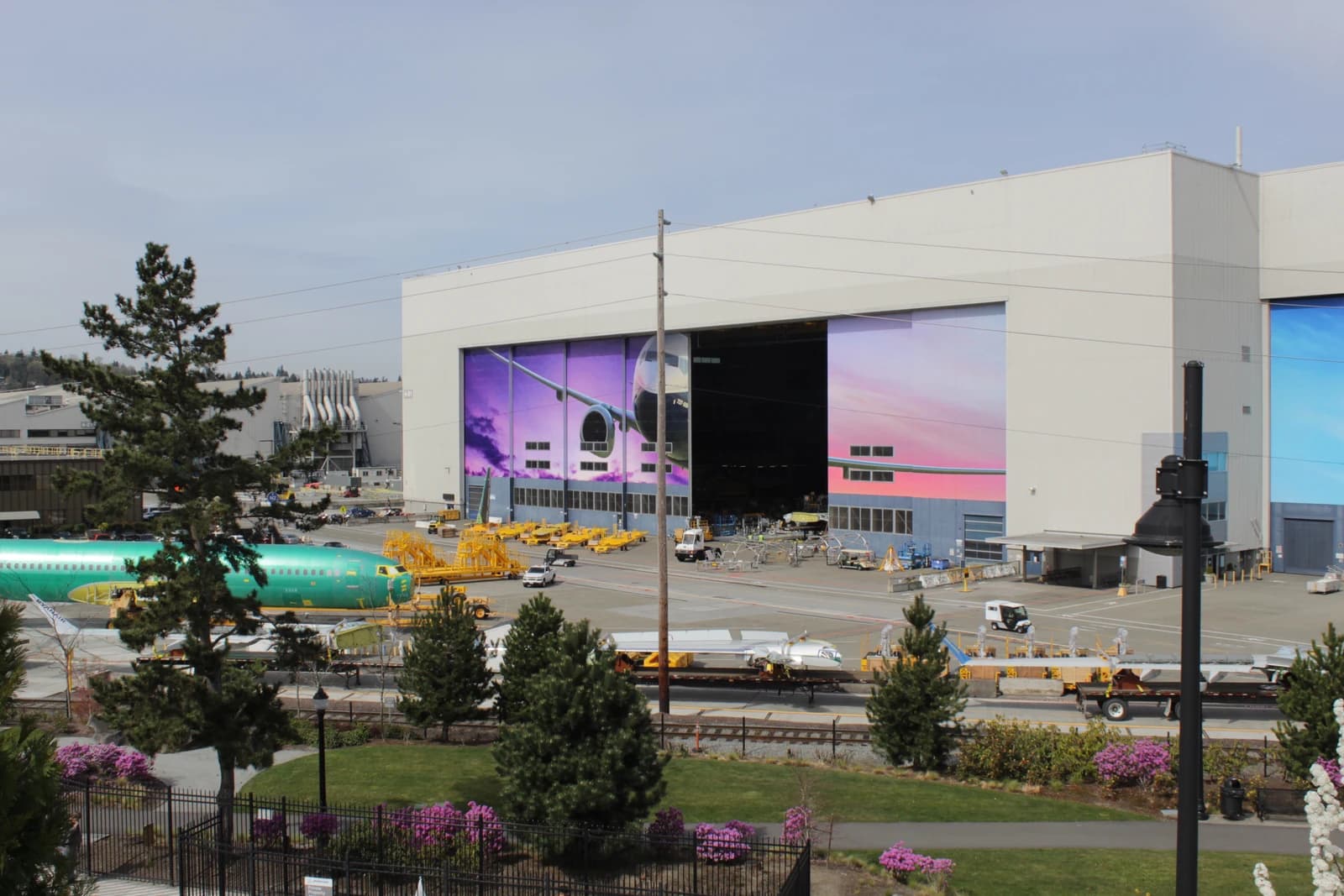Boeing Renton Factory from the south, with a Boeing 737 MAX fuselage visible.
