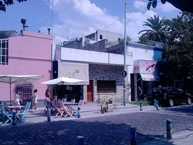 Street in Palermo Soho, Buenos Aires, Argentina, with shops and outdoor seating.