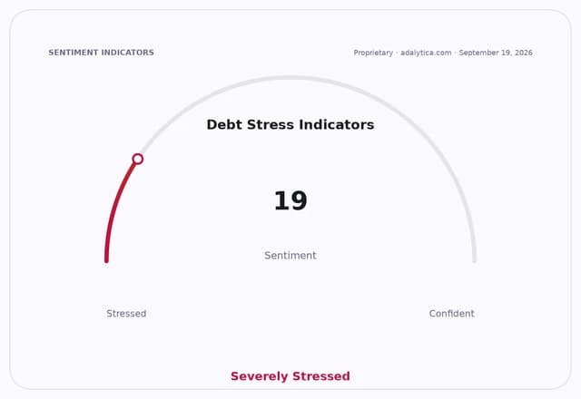 Debt Stress Indicators gauge dial showing a reading of 19, in the 'Severely Stressed' zone.