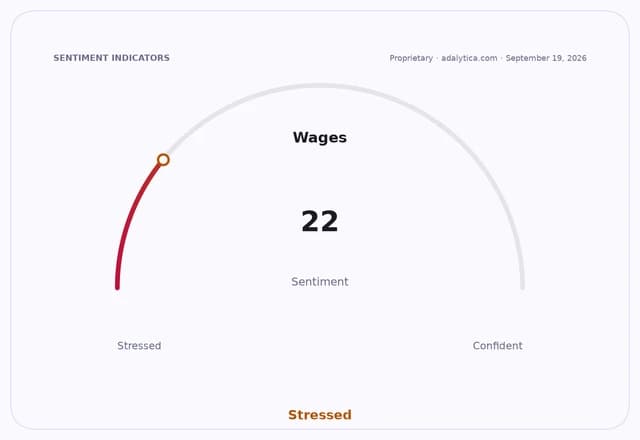 Sentiment gauge dial shows Wages sentiment at 22, in the 'Stressed' zone.
