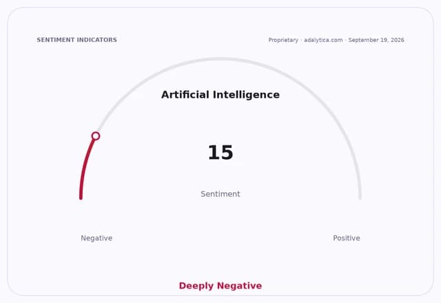 Gauge showing Artificial Intelligence sentiment at 15, indicating deeply negative sentiment.