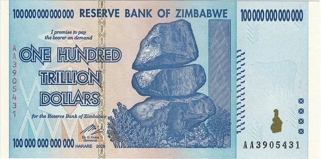One Hundred Trillion Dollars banknote from Zimbabwe's 2009 series.