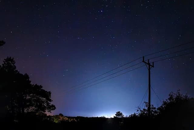 Distant light glow from Preemraff oil refinery at night, silhouetted power pole and trees.