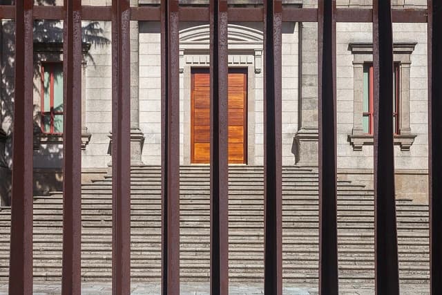 Entrance to the Parliament of Galicia building in Santiago de Compostela, Spain.