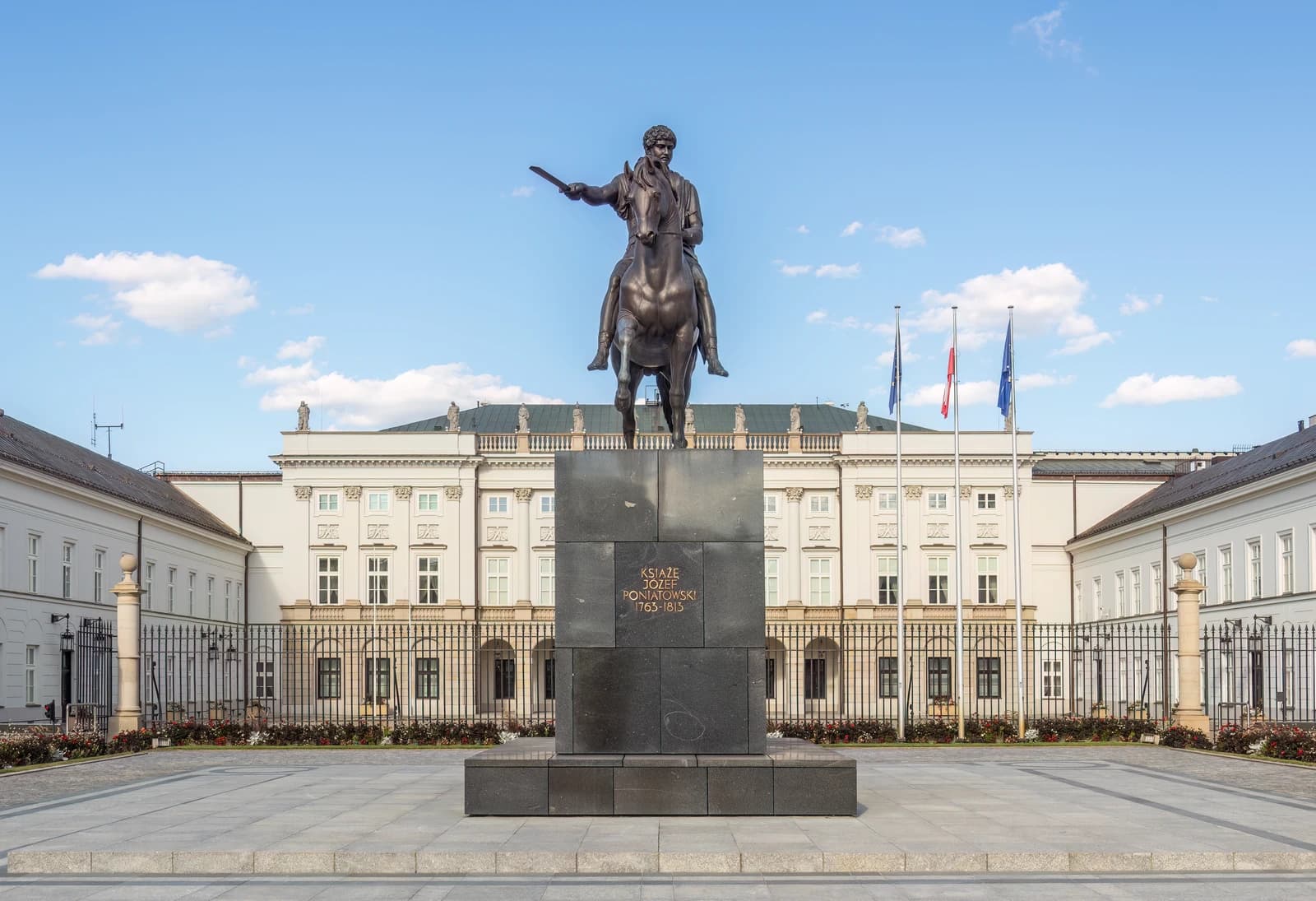 Equestrian statue of Prince Józef Poniatowski in front of the Warsaw Presidential Palace.
