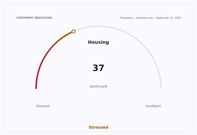 Housing sentiment dial showing a reading of 37, pointing to the 'Stressed' zone.