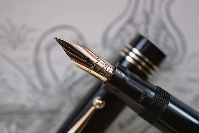 Close-up view of the golden nib of a Mabie Todd SWAN 1060 fountain pen.
