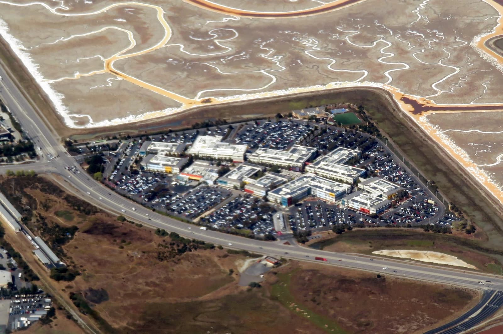 Aerial view of Facebook campus in Menlo Park, California.