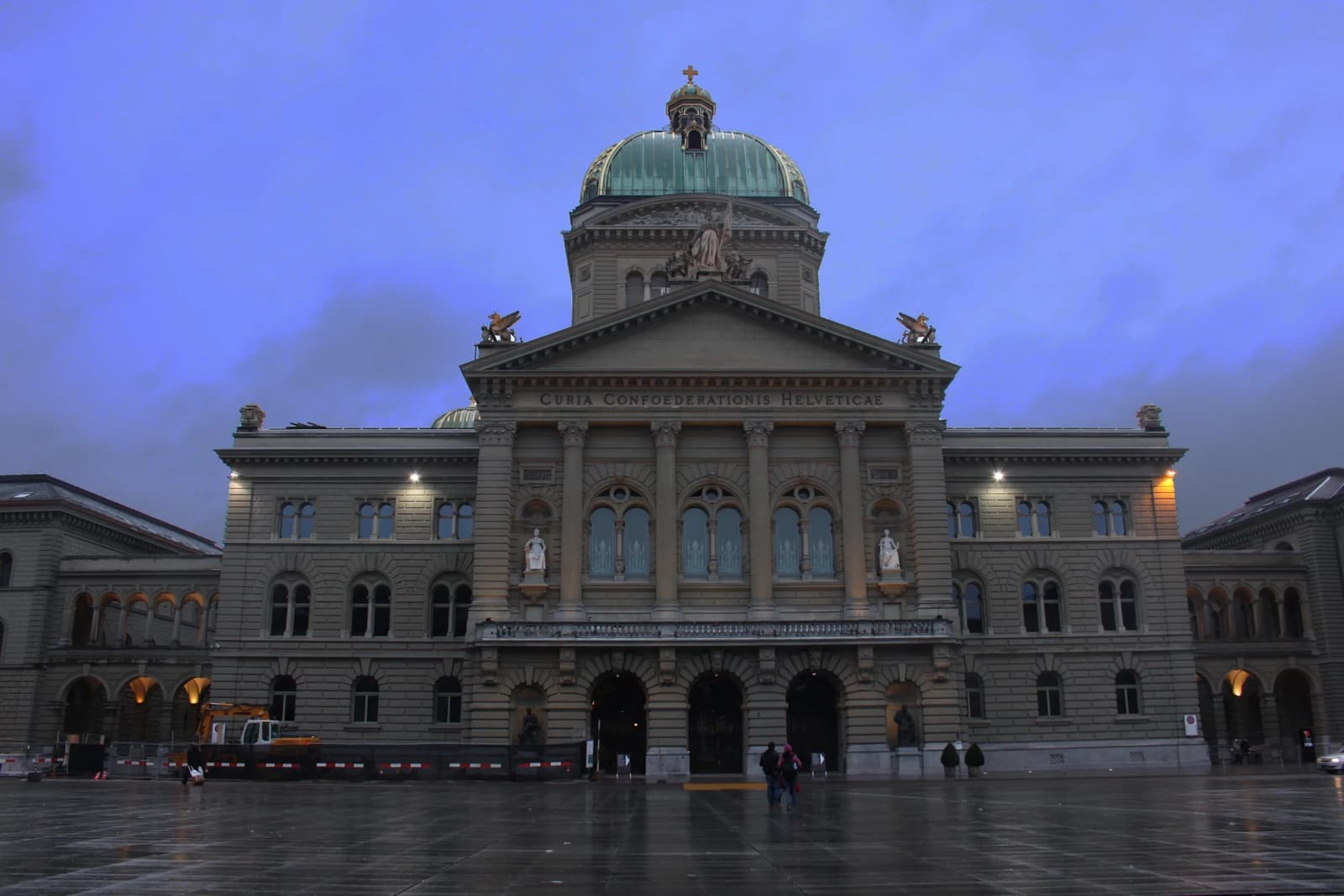 The Bundeshaus, the Swiss Parliament building, illuminated in Bern.