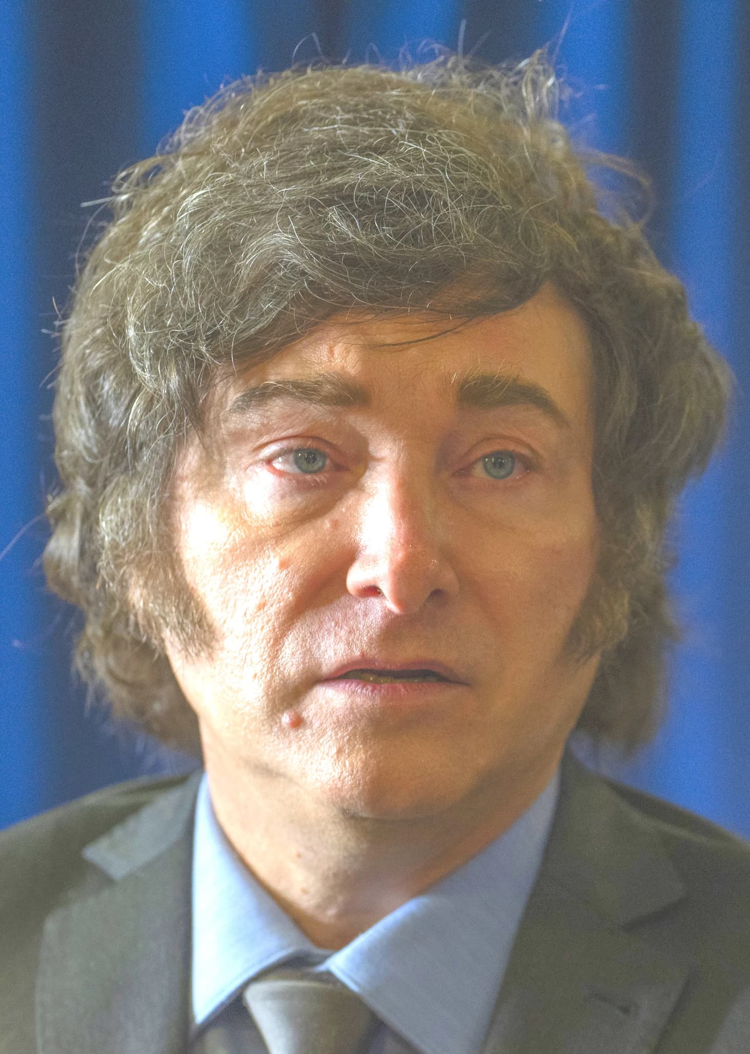 Javier Milei, President of Argentina, looking forward in a close-up portrait.