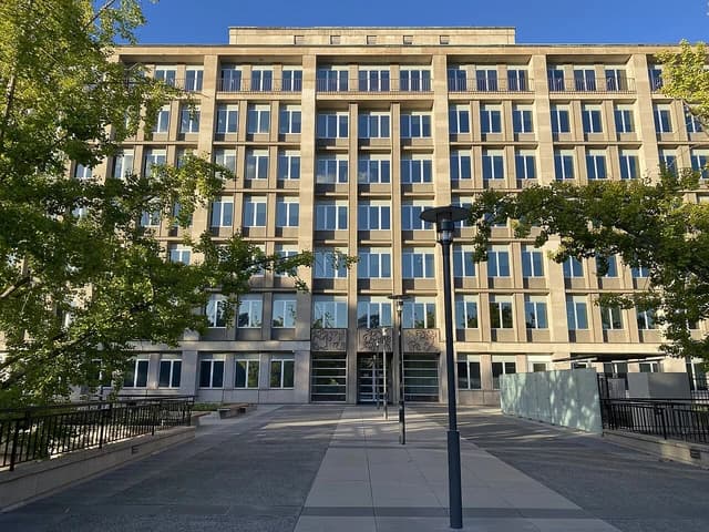 Treasury Building in Canberra, Australia, viewed from the exterior plaza.