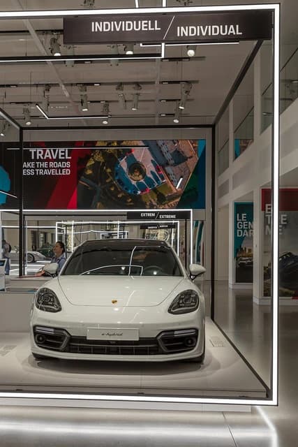 White Porsche Panamera e-hybrid car on display in an indoor showroom.