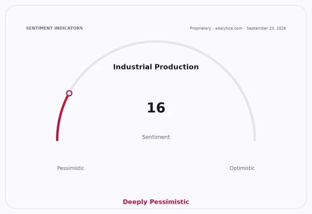 Industrial Production sentiment gauge dial, deeply pessimistic at reading 16.