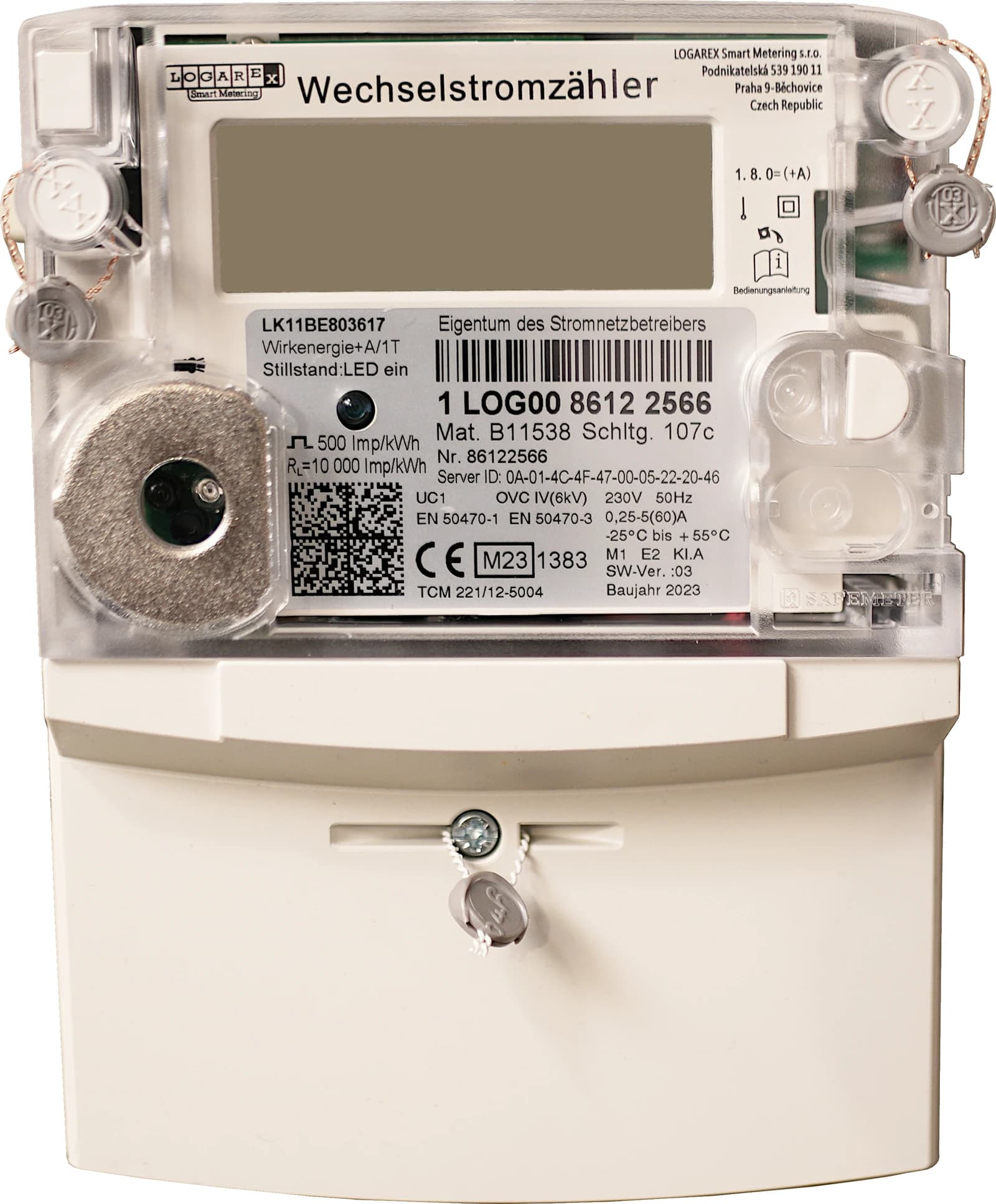 Logarex smart household electricity meter, model LK11BE803617, built in 2023.