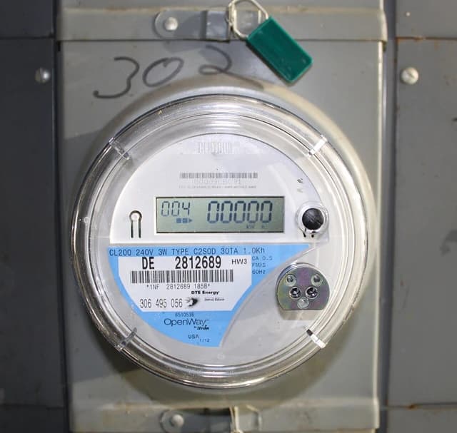 Itron OpenWay electricity smart meter with digital kilowatt-hour reading and branding.