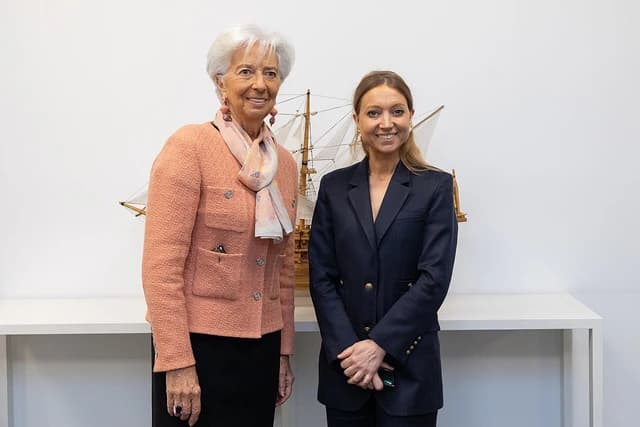 Christine Lagarde, President of the European Central Bank, and Aurore Lalucq, Member of the European Parliament, standing together.