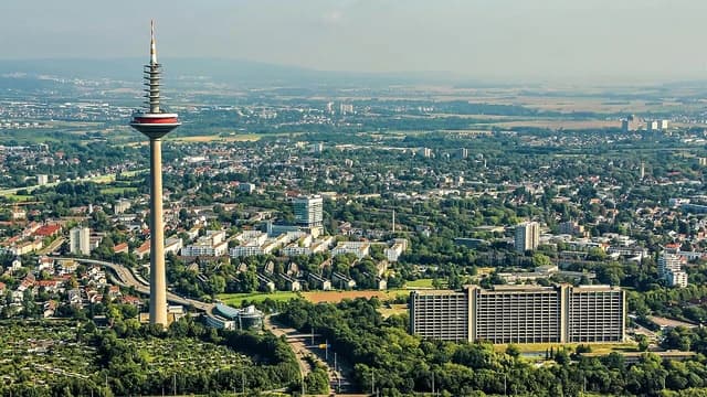 Aerial view of the Europaturm and the Deutsche Bundesbank building in Frankfurt, Germany.