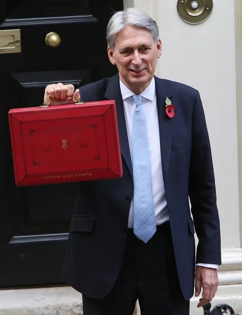 Philip Hammond, former Chancellor of the Exchequer, holding the red Budget box.