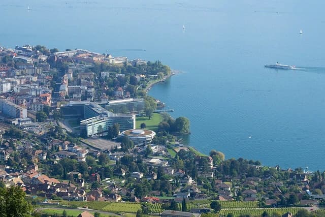 Aerial view of Nestlé headquarters buildings located on the shore of Lake Geneva.