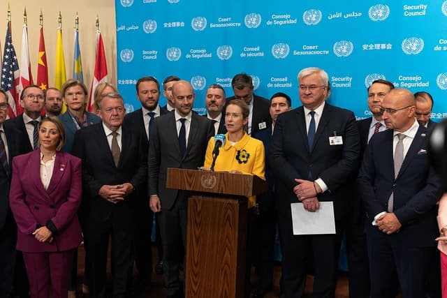Kaja Kallas, Prime Minister of Estonia, speaking at a podium at the United Nations General Assembly.