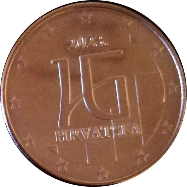 Close-up of a Croatian Euro coin minted in 2023.