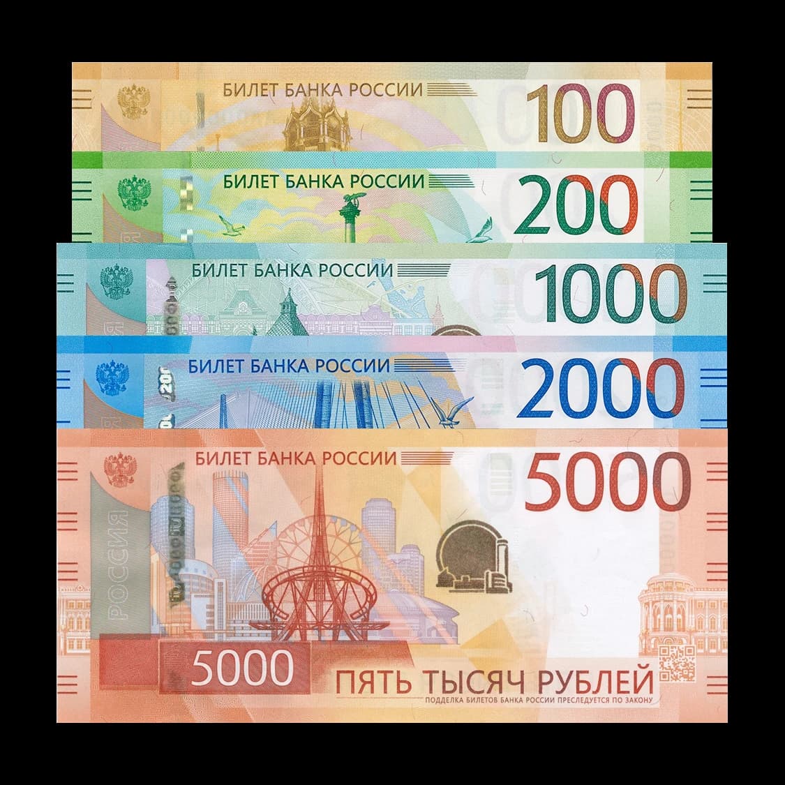 Collection of Russian ruble banknotes in various denominations, including 100, 200, 1000, 2000, and 5000 rubles.