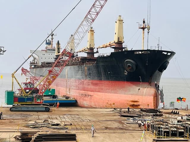 Bulk carrier ship being dismantled at a recycling yard in Chattogram, Bangladesh.