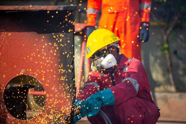 Worker in red coveralls, yellow hard hat, and respirator using a gas cutting torch.