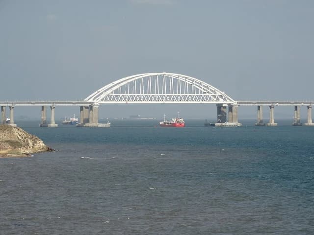 The Crimea Bridge, also known as the Kerch Bridge, spans the water.