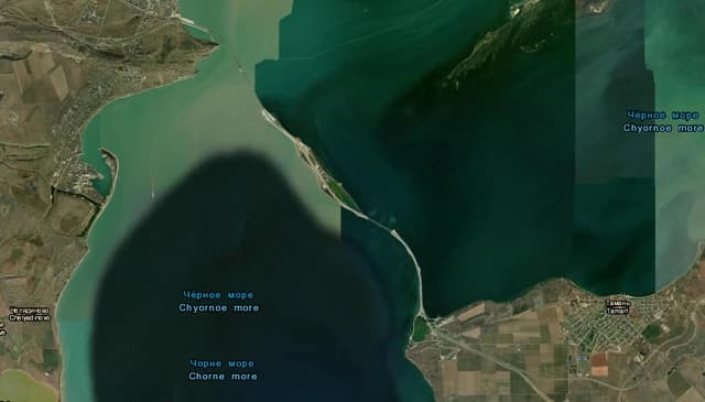 Satellite view of the Crimean Bridge connecting the Kerch Peninsula to the Taman Peninsula.