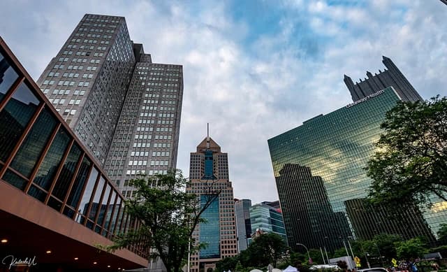 Modern skyscrapers and office buildings in downtown Pittsburgh, Pennsylvania, USA.