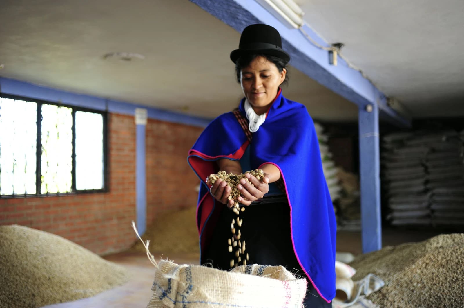 Woman wearing a hat pours coffee beans from her hands into a sack.