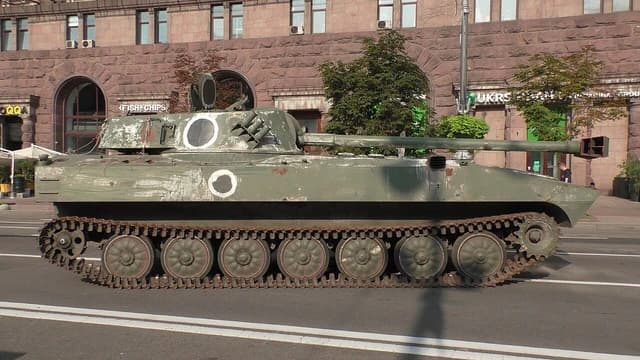 Destroyed Russian military vehicle displayed on a street in Kyiv, Ukraine.