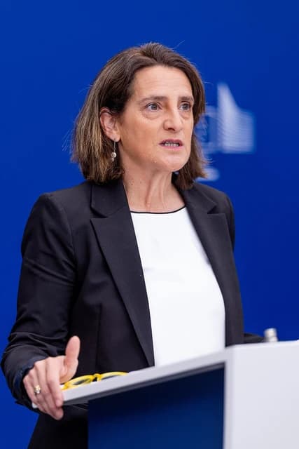 Teresa Ribera, Executive Vice-President of the European Commission, speaking at a press point.