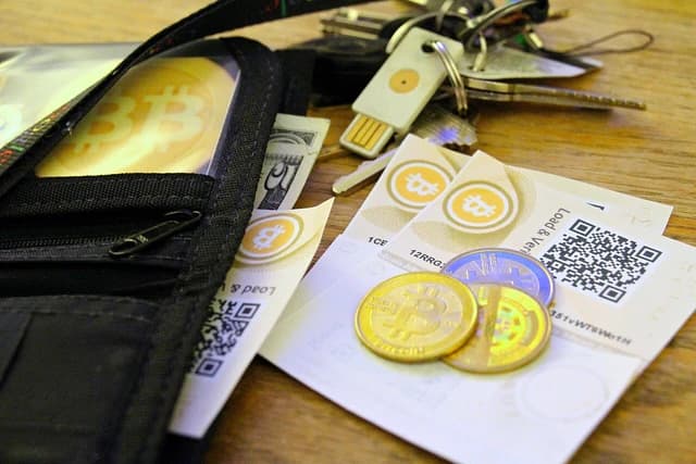 Bitcoin and Litecoin physical coins, QR codes, and a USB stick on a wooden surface.