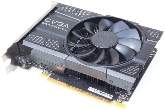 EVGA GeForce GTX 1050 Ti graphics card with fan and heat sink.
