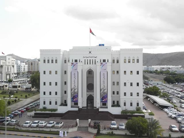 Exterior view of the Muscat Securities Market building in Oman with cars parked nearby.