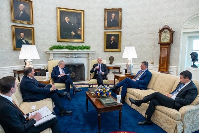 President Joe Biden holds a bipartisan meeting on Artificial Intelligence in the Oval Office.