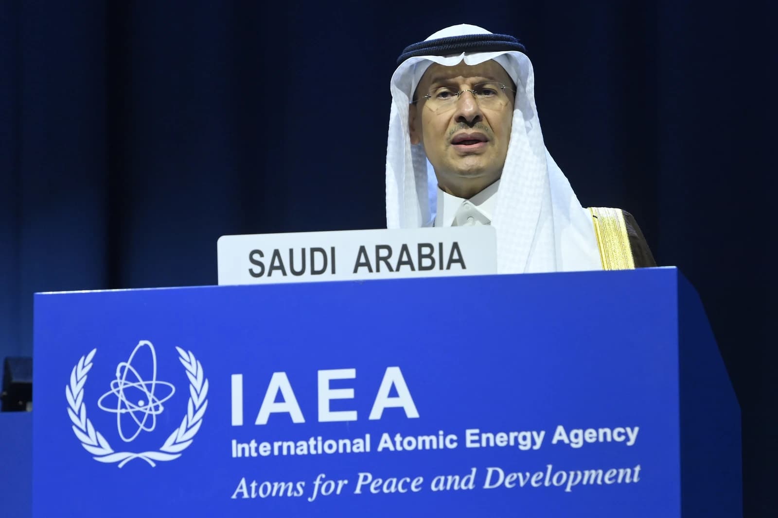 HRH Prince Abdulaziz Bin Salman Al-Saud speaking at a podium with 'Saudi Arabia' visible.