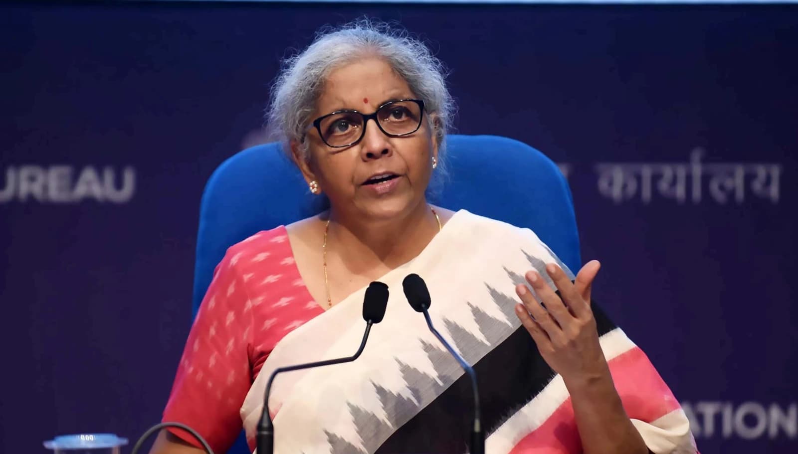 Nirmala Sitharaman, Indian Minister of Finance, speaking at a press conference.