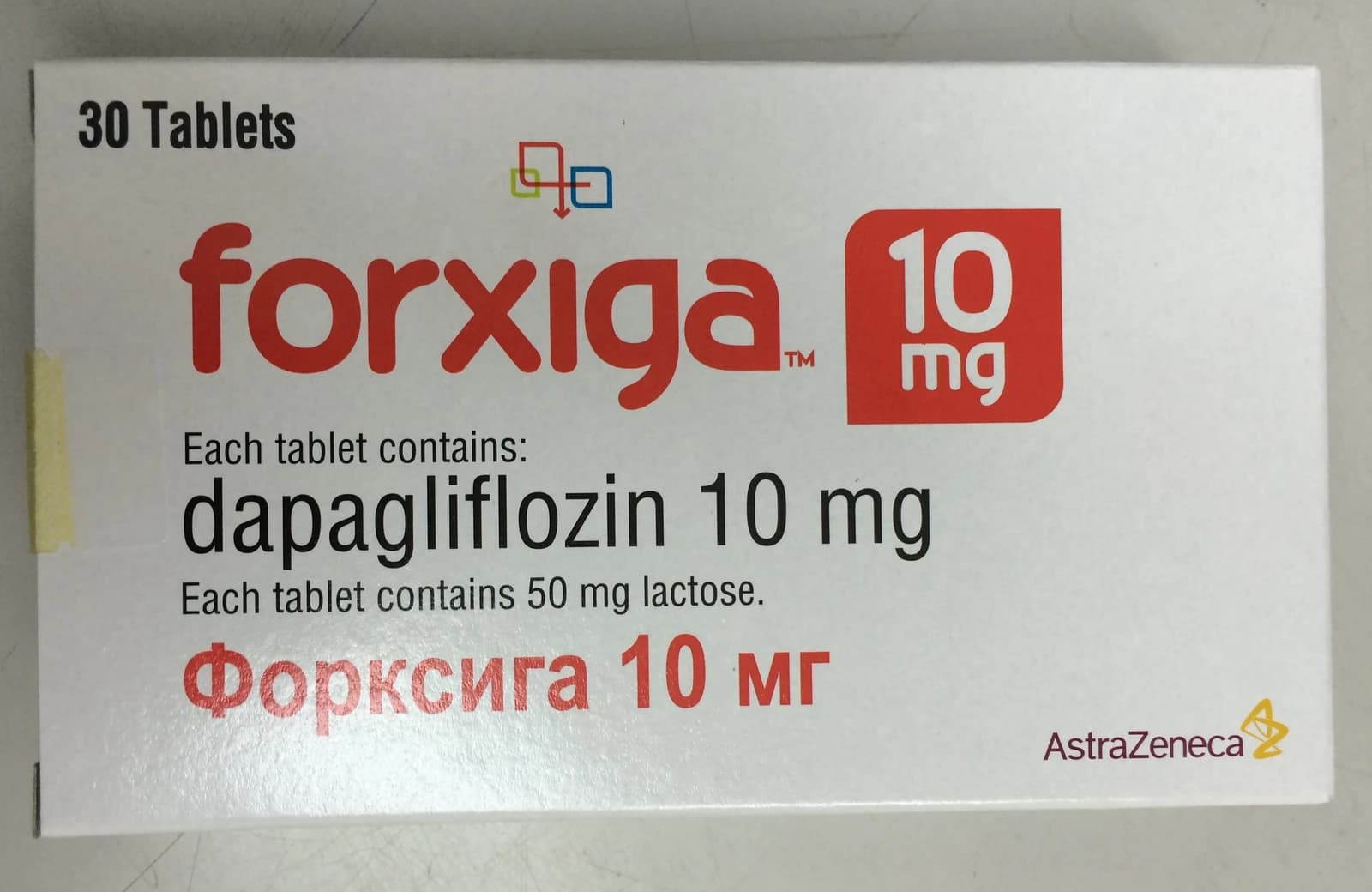 White and red box of Forxiga (dapagliflozin) 10 mg tablets.