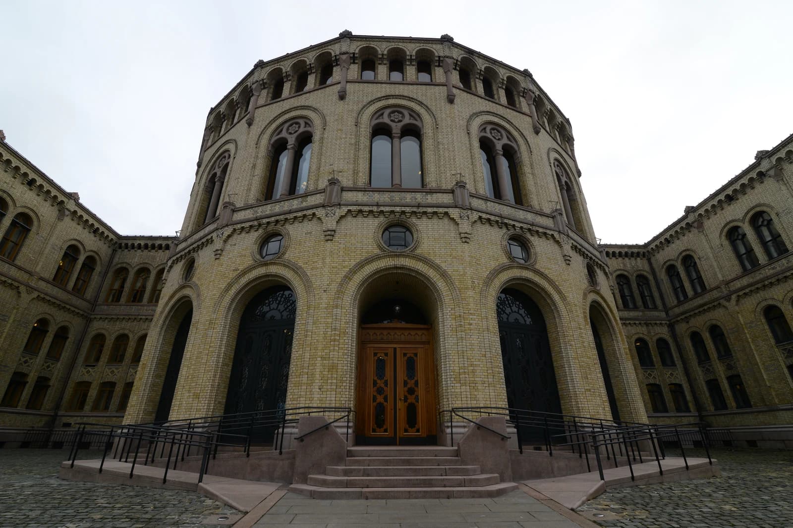 Exterior view of the Storting building in Oslo, Norway, the country's parliament.