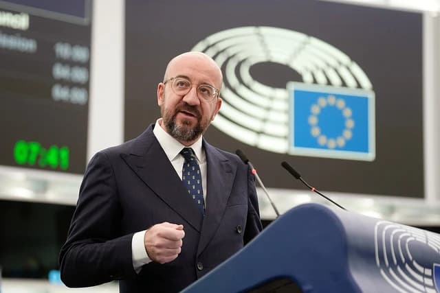 Charles Michel, President of the European Council, speaks at a podium.