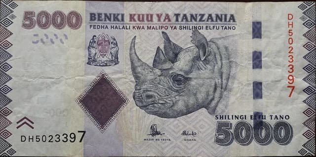 Obverse of a 5,000 Tanzanian shillings banknote with a rhino illustration.