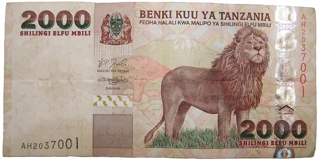 Front of a 2000 Tanzanian Shillings banknote with a lion in the center.