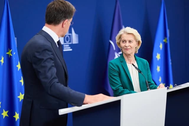 Ursula von der Leyen, President of the European Commission, listening to Mark Rutte.