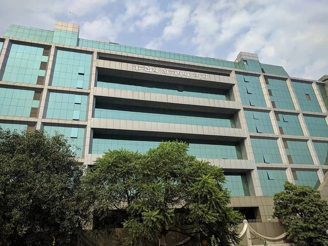 CBI Headquarters building in Delhi, India, with blue glass facade.