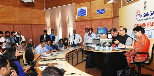 Jayant Sinha, Minister of State for Finance, speaks at a press conference at Gyan Sangam.