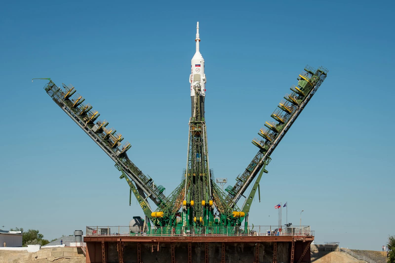 Soyuz TMA-09M spacecraft stands on its launch pad at Baikonur Cosmodrome, Kazakhstan.