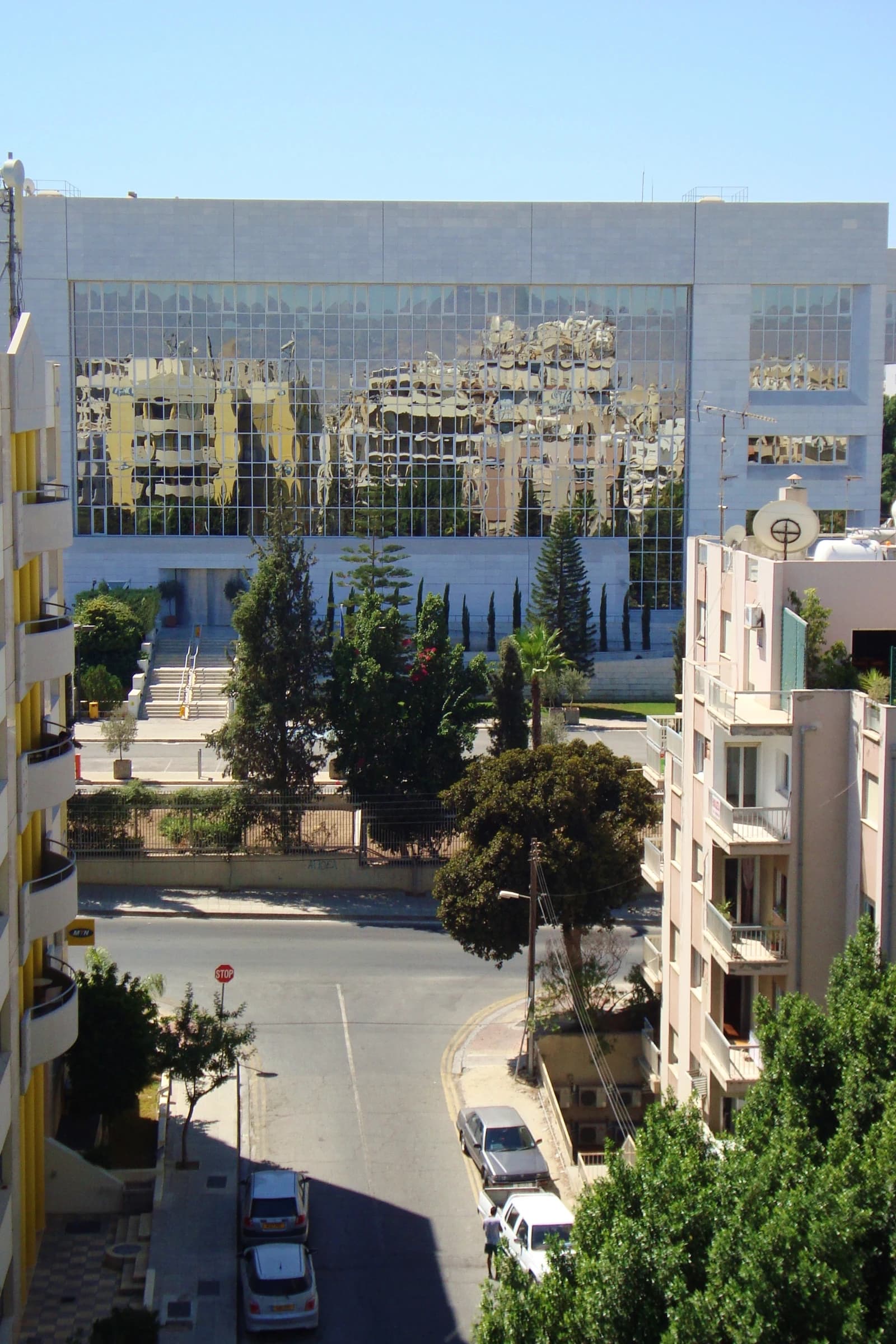Exterior of the Central Bank of Cyprus building in Nicosia, seen from above.